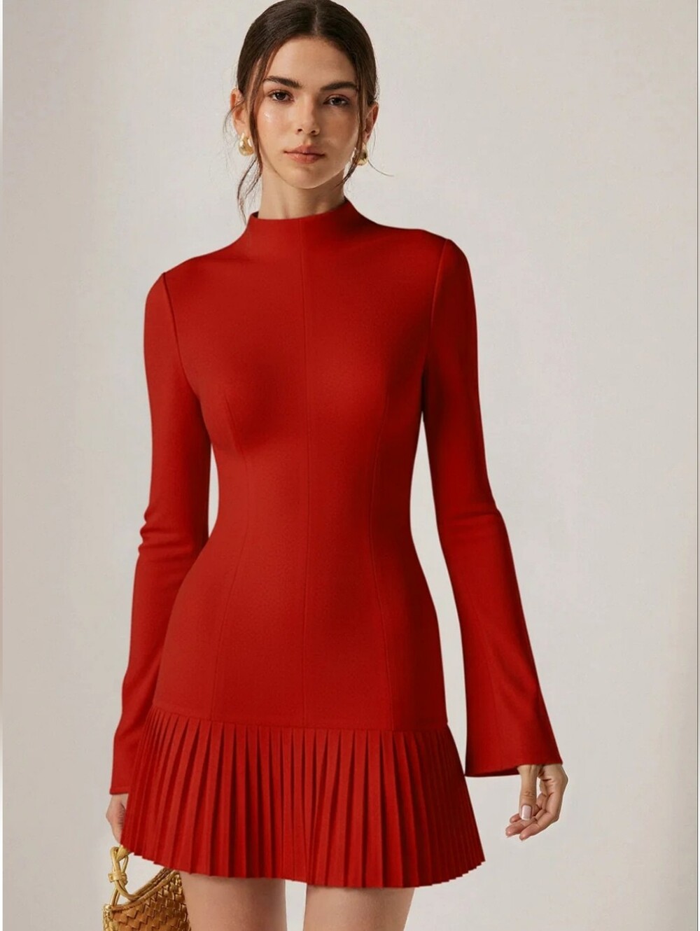 Commense Red Pleated Hem Mock Neck Long Sleeve Mini Dress